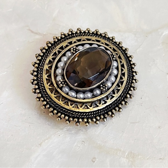 Victorian style faux Pearl smoky quartz oval brooch pendant 925 Sterling - Picture 4 of 11